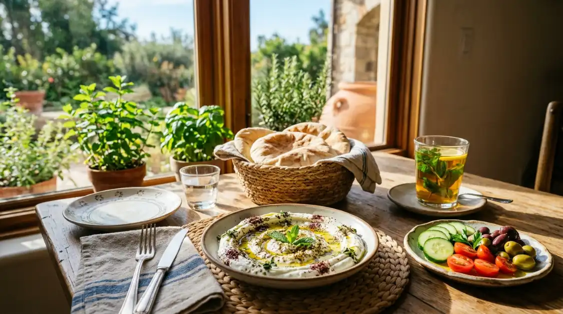 labneh-breakfast-table-setting Mediterranean breakfast spread with labneh, warm pita, cucumbers, tomatoes, and mint tea