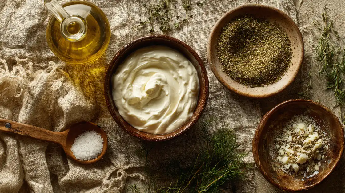 labneh-ingredients-flat-lay Flat lay of labneh with za’atar & olive oil ingredients: Full-fat plain yogurt, Extra virgin olive oil bottle, Za’atar spice blend, Flaky sea salt, Fresh herbs, Warm pita bread