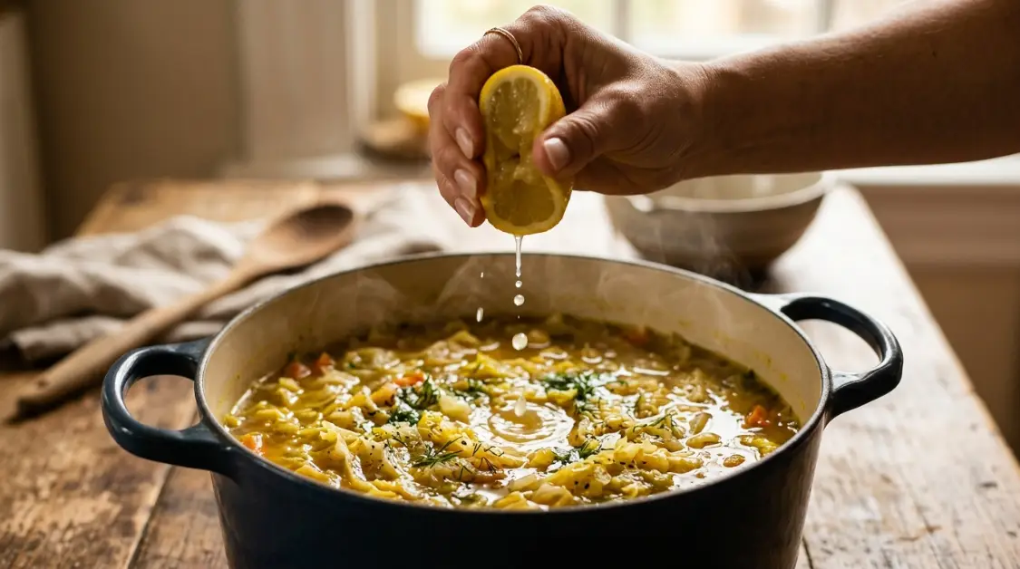 lemon-finish-mediterranean-cabbage-soup Squeezing fresh lemon juice into Mediterranean cabbage soup for bright finish