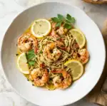 Garlic butter shrimp scampi with linguine and lemon in a white bowl