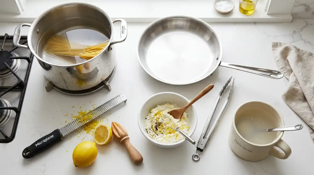 Essential kitchen tools for making lemon ricotta pasta: pot, tongs, Microplane, and skillet