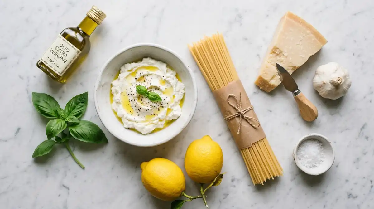 Fresh ingredients for lemon ricotta pasta including Pasta (Pasta spaghetti or linguine Pasta) Whole milk ricotta, Fresh lemons, Extra virgin olive oil, Parmigiano Reggiano, Garlic cloves, Fresh baby spinach  spaghetti, parmesan, and garlic