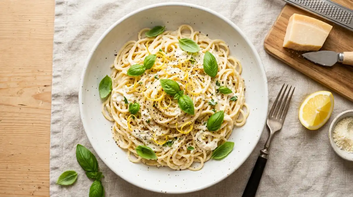 Lemon ricotta pasta in a white ceramic bowl with fresh basil and parmesan, overhead view