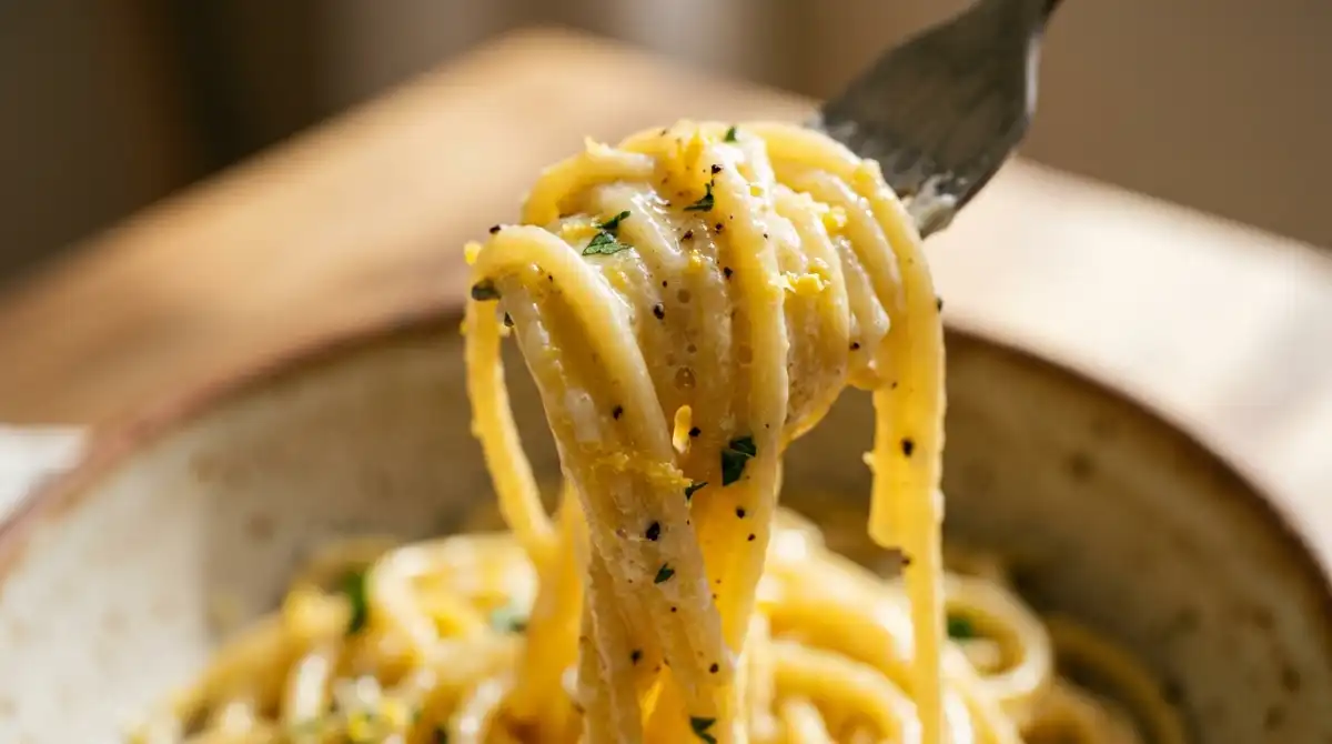 Close-up of creamy lemon ricotta sauce coating a spaghetti strand showing the emulsified glossy texture