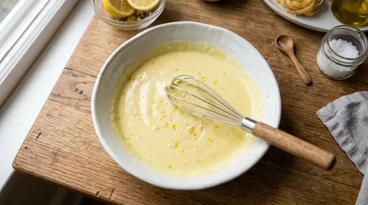 Mix the sauce cold — the hot pasta and pasta water do the cooking for you.