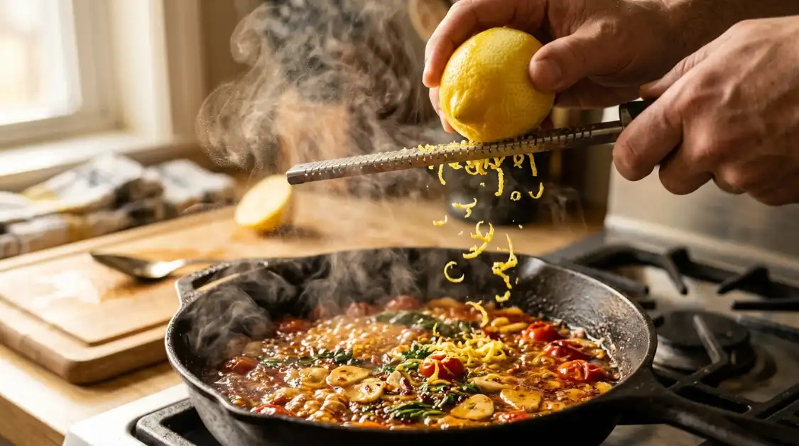 lemon-zest-warm-sauce-aglio-e-olio-mediterranean Lemon zest added to warm aglio e olio Mediterranean sauce