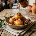 Loukoumades: Greek Honey Donuts (Makes 40) 1 Elegant serving of loukoumades Greek honey donuts in ceramic bowl with honey drizzle