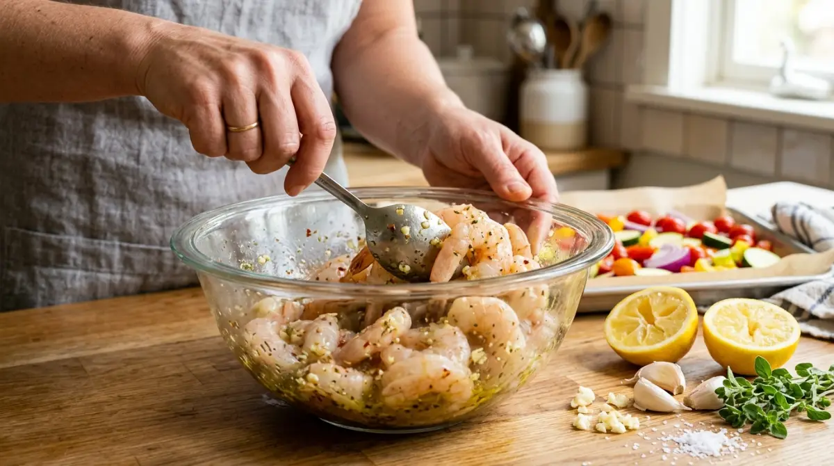 marinating-shrimp-lemon-garlic-mediterranean Marinating shrimp in lemon garlic oregano for Mediterranean sheet pan recipe
