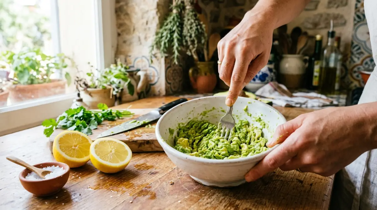 mashing-avocado-mediterranean-toast-preparation Mashing ripe avocado with a fork in a bowl for Mediterranean style avocado toast