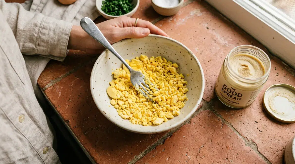 mashing-egg-yolks-hummus-deviled-eggs-filling Mashing egg yolks with fork for Mediterranean hummus deviled eggs filling