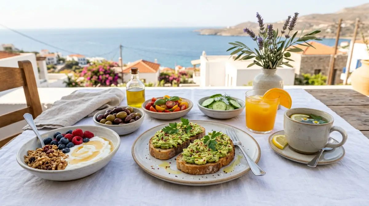 mediterranean-breakfast-spread-avocado-toast Mediterranean breakfast spread with avocado toast, Greek yogurt, olives, and fresh juices as accompaniments