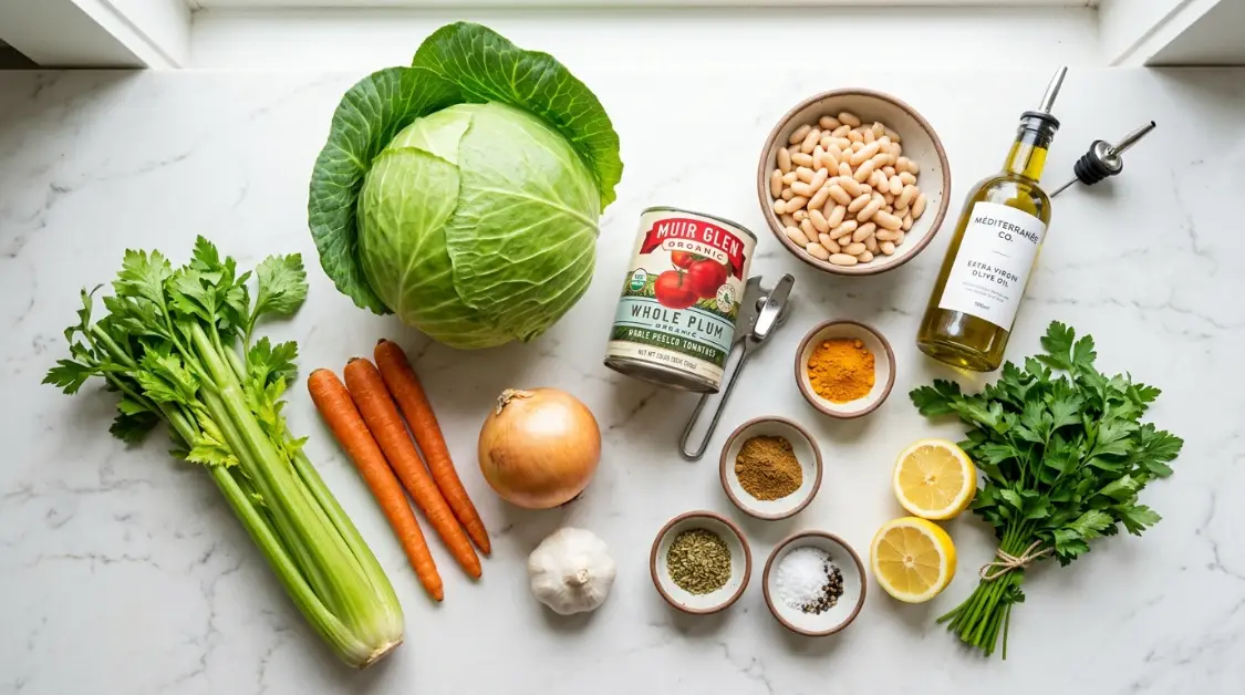 mediterranean-cabbage-soup-ingredients-flat-lay Mediterranean cabbage soup ingredients including Whole green cabbage, can of tomatoes, white beans in bowl, olive oil bottle, carrots, celery, onion, garlic, small bowls of turmeric, cumin, oregano, lemon, parsley bunch