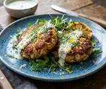 Plated Mediterranean crab cakes with golden crust yogurt sauce and fresh dill