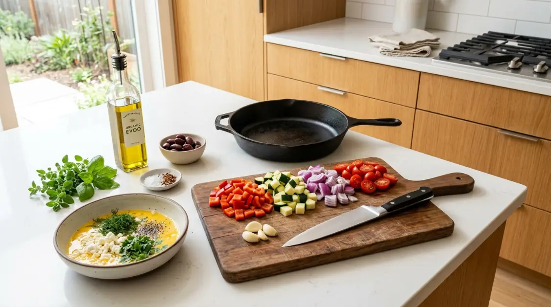 Kitchen equipment and prep station for Mediterranean egg & vegetable bake