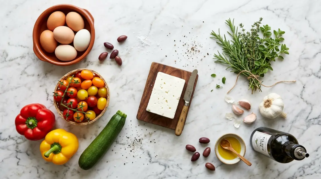 Ingredients for Mediterranean egg & vegetable bake including large eggs, bell peppers, zucchini, cherry tomatoes, Red onion, feta Feta cheese block, Extra virgin olive oil, garlic, herbs