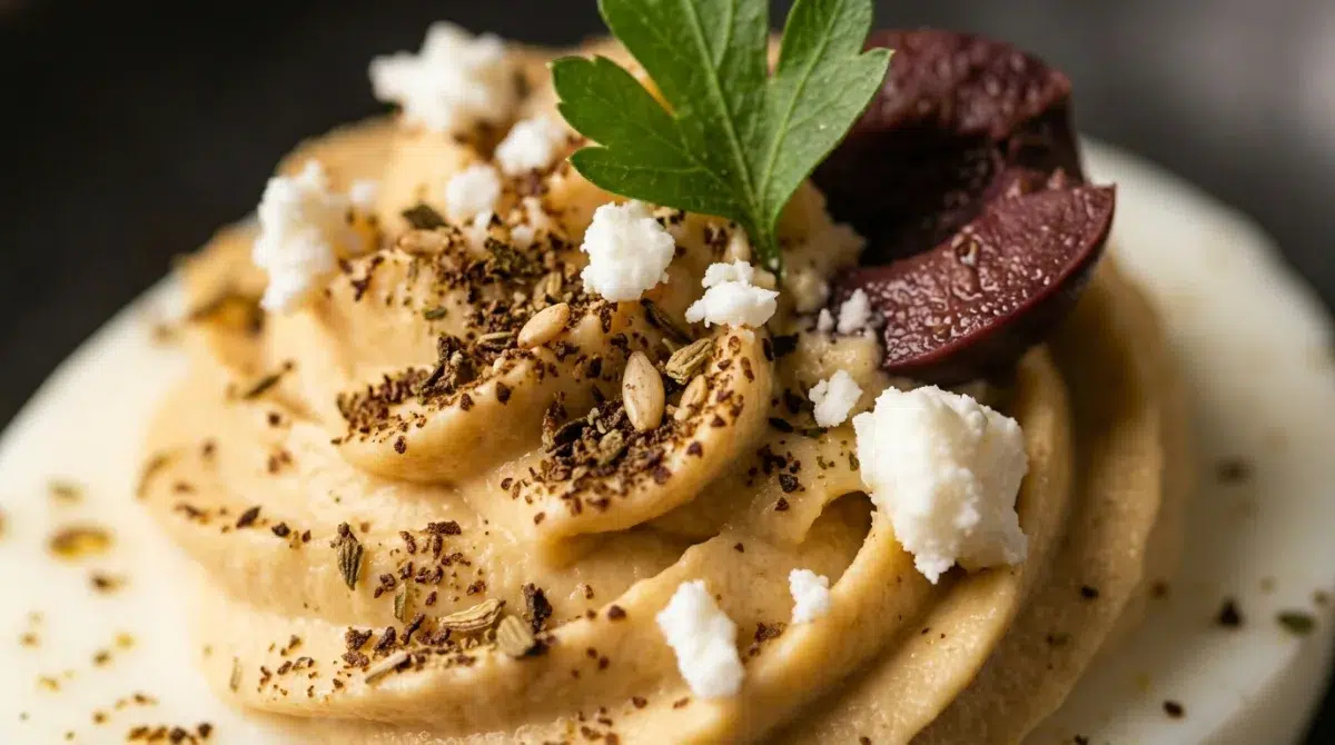 mediterranean-hummus-deviled-egg-closeup-detail Close-up single Mediterranean hummus deviled egg showing za’atar feta olive topping