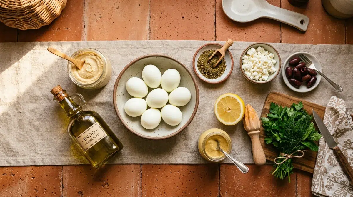 mediterranean-hummus-deviled-eggs-ingredients-flat-lay large eggs, hummus (classic or roasted garlic), Dijon mustard, fresh lemon juice, fine sea salt, freshly ground black pepper, Mediterranean Toppings, za'atar spice blend, crumbled feta cheese, kalamata olives, extra virgin olive oil, mint leaves, smoked paprika, Aleppo pepper