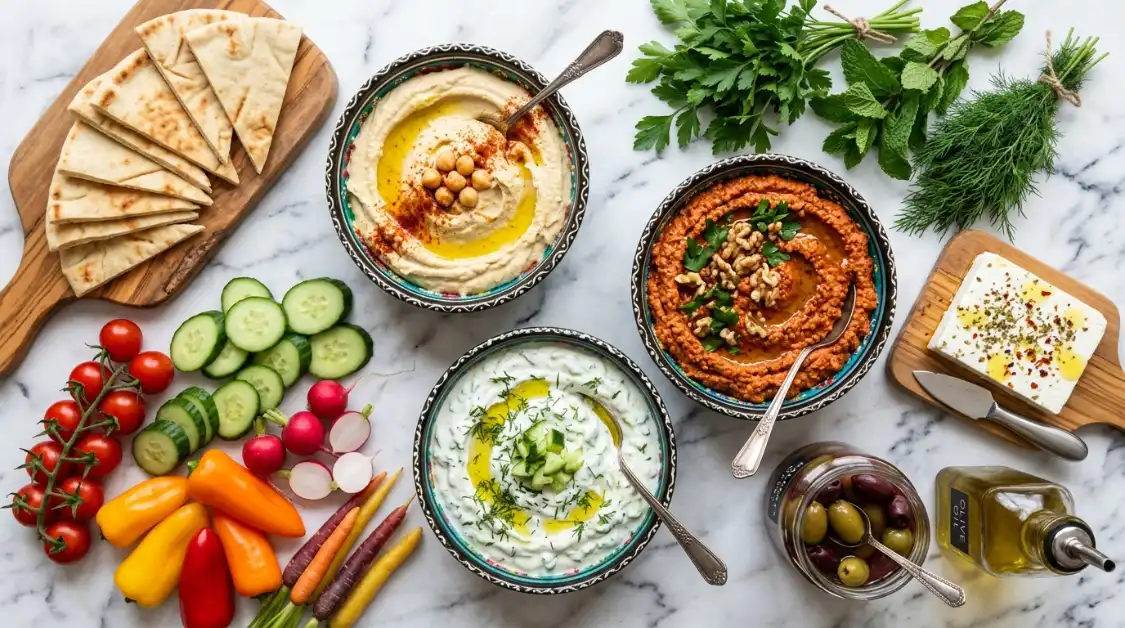 Flat lay of Mediterranean mezze platter ingredients including Bowls of hummus, tzatziki, and muhammara. Whole vegetables, feta block, olive jar, pita stack, fresh herb bunches, olive oil bottle. Organized, colorful.