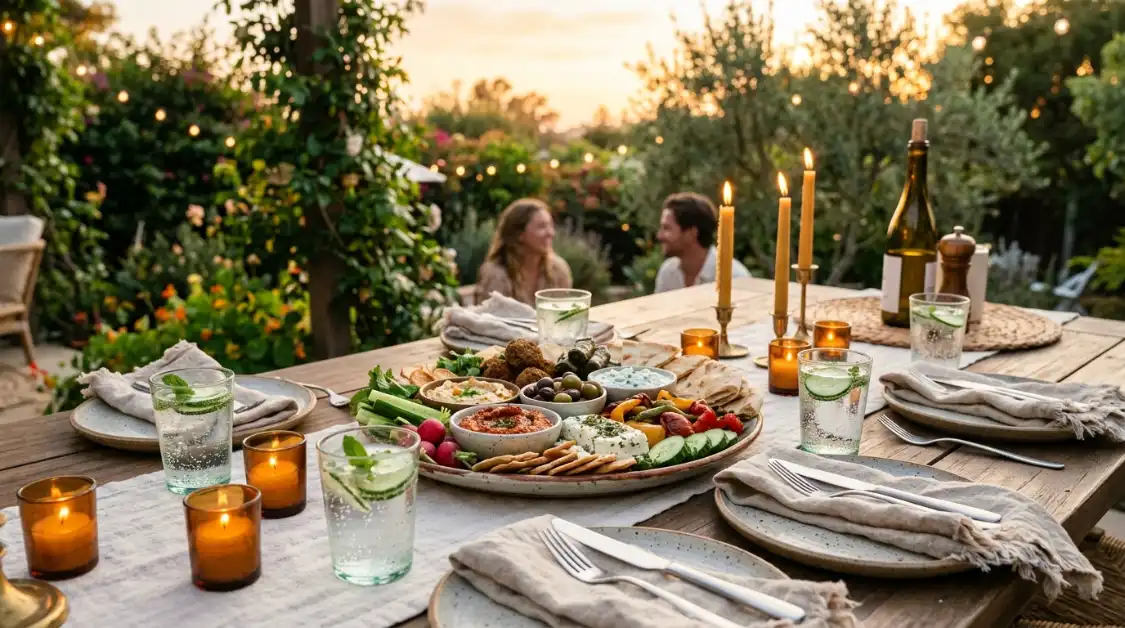 California-Mediterranean table setting with ultimate mezze platter as centerpiece with sparkling water and candles