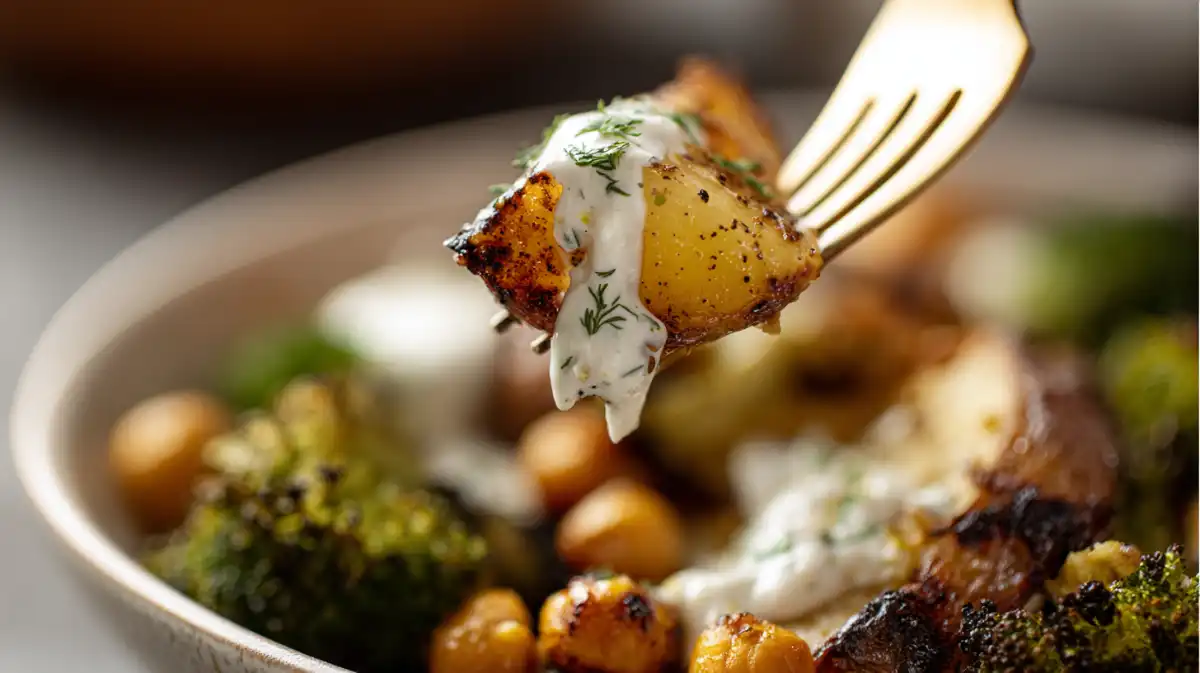 mediterranean-potato-bowl-fork-bite-closeup Fork bite of Mediterranean Potato Tzatziki Bowl showing crispy potato with creamy tzatziki