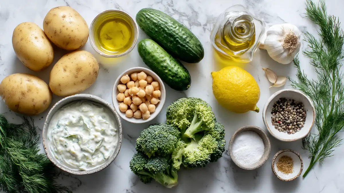 mediterranean-potato-tzatziki-bowl-ingredients Ingredients for Mediterranean Potato Tzatziki Bowl including Yukon Gold potatoes, can of chickpeas, broccoli florets, Greek yogurt, cucumber, fresh dill, lemon, garlic, olive oil bottle, spices in small bowls