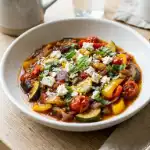 Plated Mediterranean ratatouille with basil and feta at 45-degree angle for recipe card