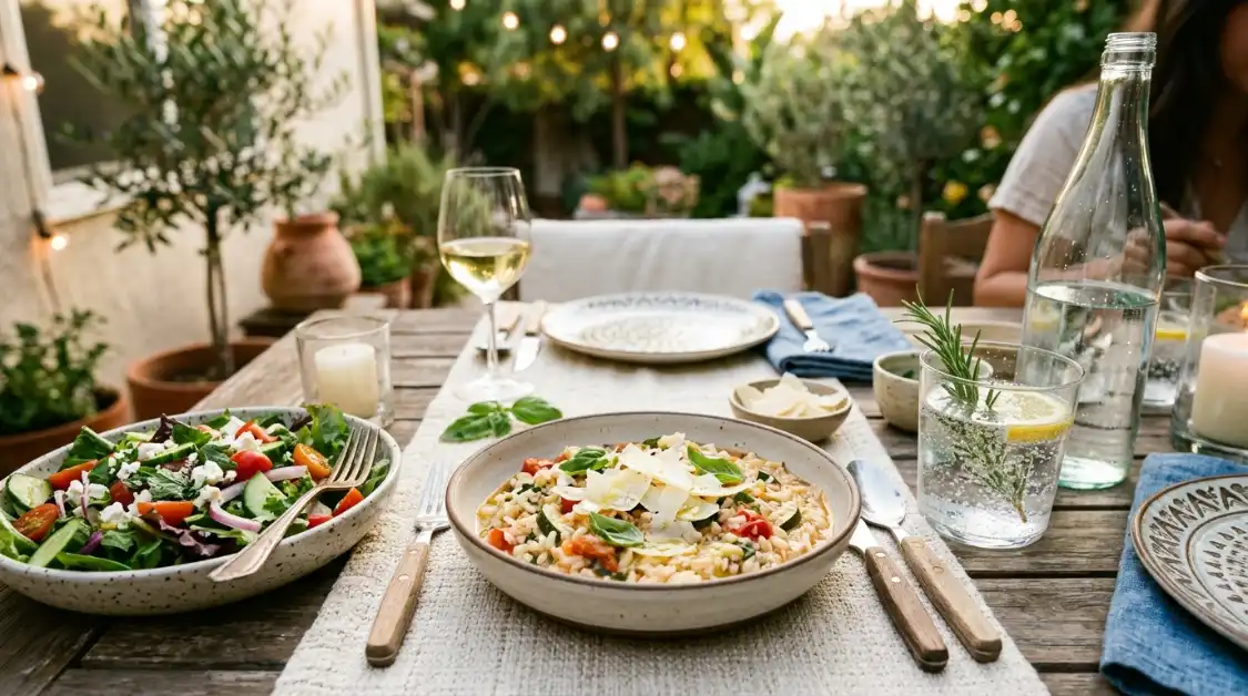 mediterranean-risotto-dinner-table Instant Pot Mediterranean risotto served with salad California table setting