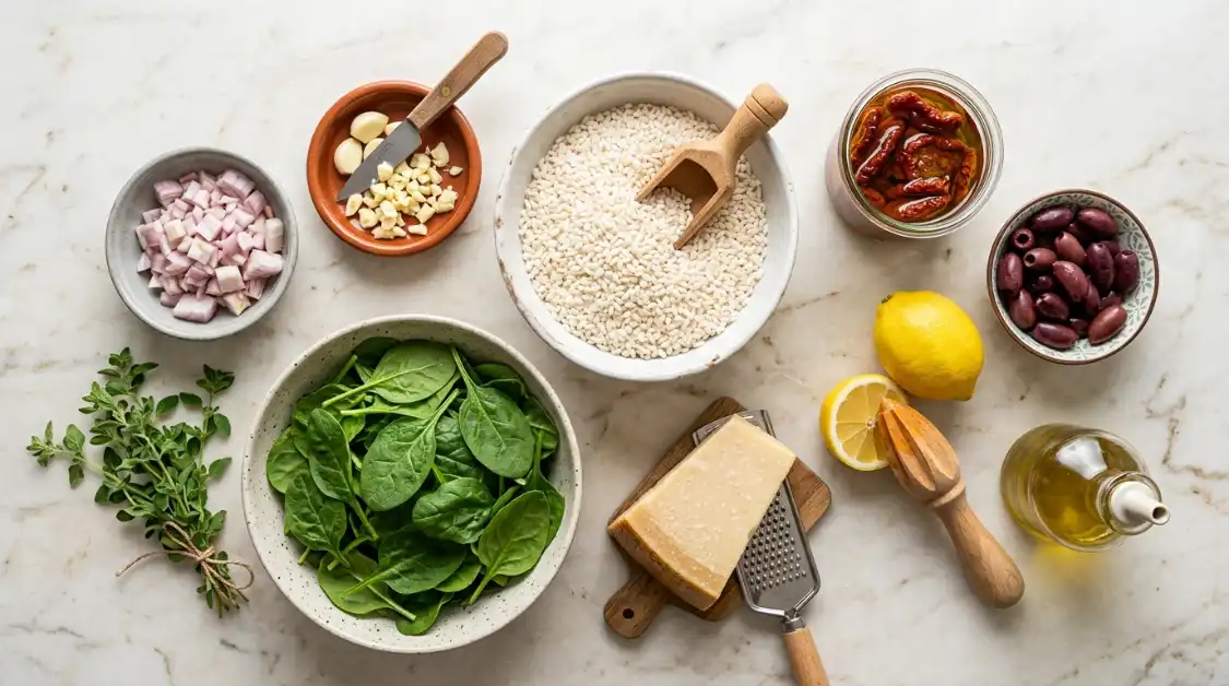 mediterranean-risotto-ingredients-flat-lay Instant Pot Mediterranean risotto ingredients flat lay : Arborio rice, Extra virgin olive oil, Low-sodium vegetable broth, Sun-dried tomatoes, Baby spinach, Kalamata olives, Parmesan cheese, Garlic, shallot.