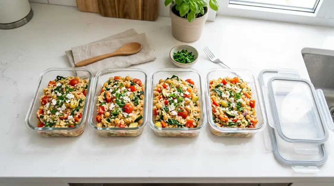 mediterranean-risotto-meal-prep Instant Pot Mediterranean risotto meal prep in glass containers