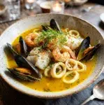 Mediterranean Seafood Stew Cioppino (50 Minutes) 1 Mediterranean Seafood Stew (Cioppino) served in a deep bowl at 45 degrees — mussels, shrimp, fish in saffron broth