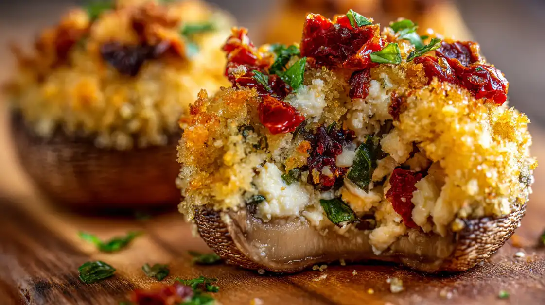 Close-up of Mediterranean stuffed mushroom showing feta and herb filling