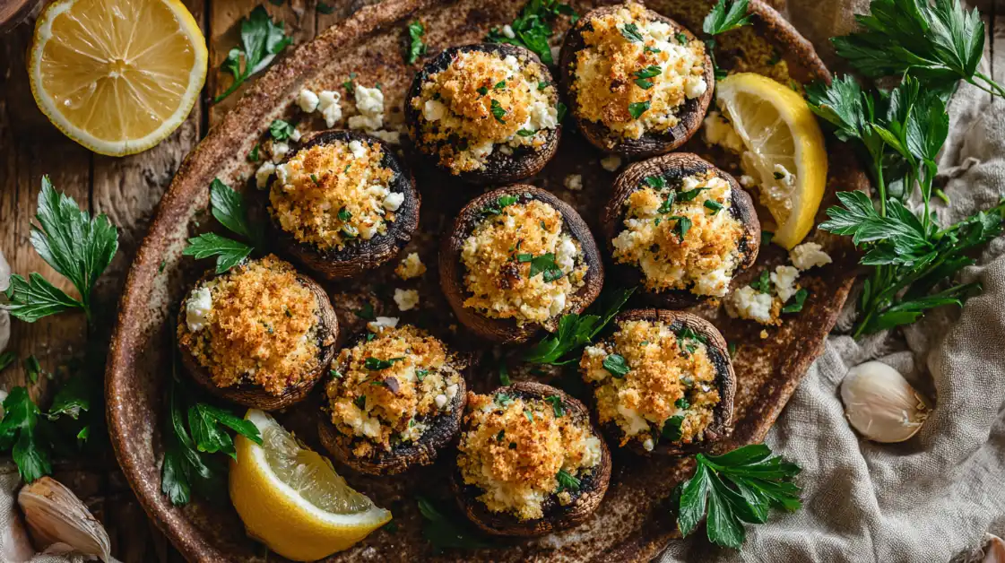 Mediterranean stuffed mushrooms with feta and herbs on a platter
