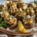 Baked Mediterranean stuffed mushrooms topped with feta cheese and fresh herbs on a ceramic platter