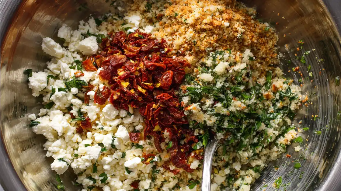 Mixing feta herb filling for Mediterranean stuffed mushrooms