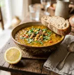 moroccan harira soup side angle with chickpeas lemon and fresh herbs