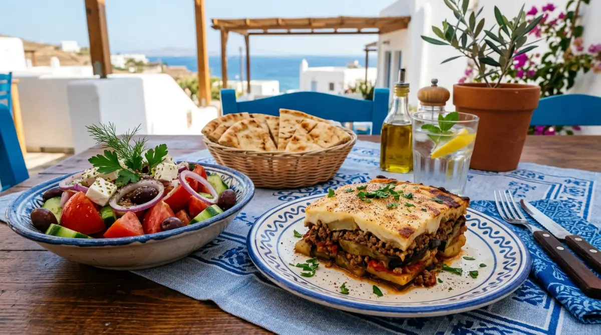 moussaka-greek-salad-pita-serving Greek moussaka served with traditional Greek salad, feta cheese, and warm pita bread