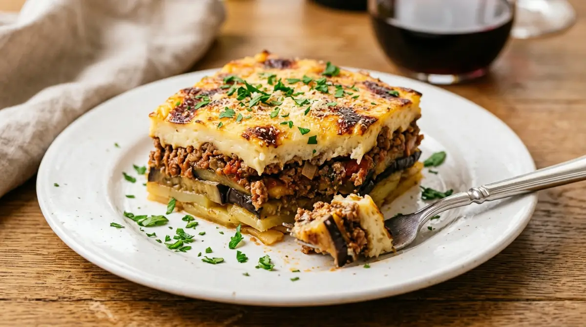moussaka-serving-slice-layers-visible Single serving of Greek moussaka showing distinct layers of eggplant, beef sauce, and creamy béchamel