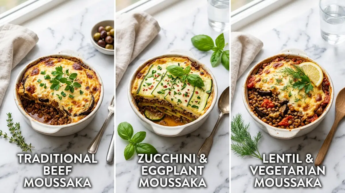 moussaka-variations-beef-zucchini-vegetarian Three moussaka variations including traditional beef, zucchini, and vegetarian lentil versions