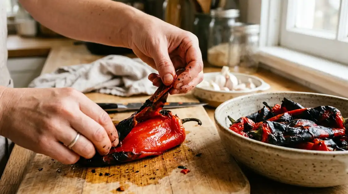 peeling-roasted-red-peppers Peeling charred skin off roasted red peppers for roasted red pepper hummus recipe