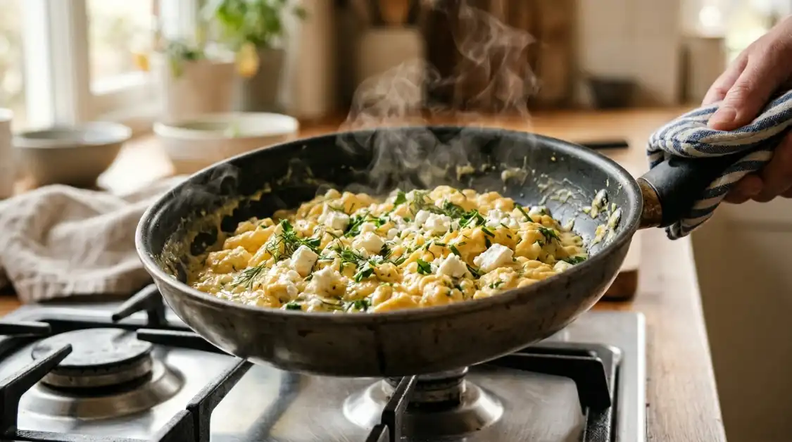 perfect-creamy-feta-scrambled-eggs-pan-finished Perfect creamy scrambled eggs with feta finished in pan showing soft curds and Mediterranean herbs