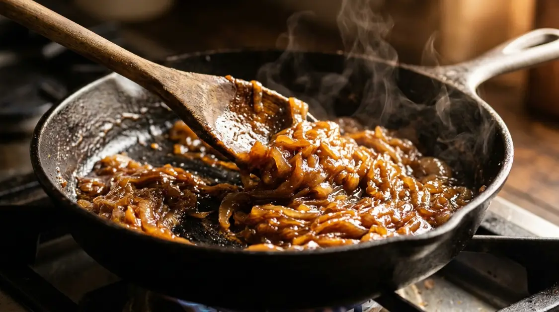 perfectly-caramelized-onions-skillet Deep golden caramelized onions in skillet for caramelized onion goat cheese pasta sauce
