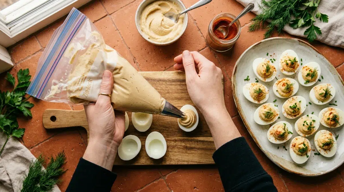 piping-hummus-filling-deviled-egg-whites Piping hummus filling into egg whites for Mediterranean hummus deviled eggs