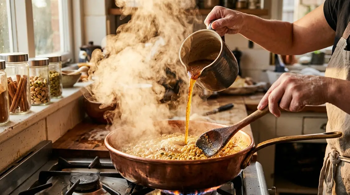 Adding hot syrup to amber toasted semolina for pistachio halva showing steam eruption mixing technique