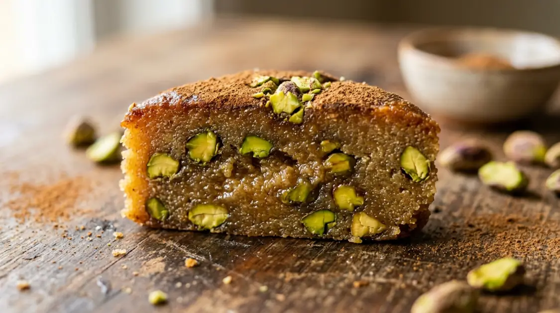 Pistachio halva cross section showing fudgy golden interior with embedded green pistachios