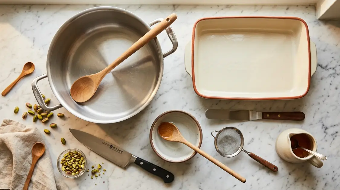 Pistachio halva equipment: heavy pot wooden spoon ceramic tapsi offset spatula chef knife for scoring