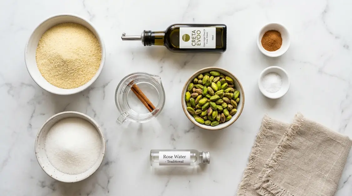 white granulated sugar, ground cinnamon, pure rose water, extra-virgin olive oil, coarse semolina, fine sea salt, raw unsalted pistachios, Thyme honey, crushed pistachios