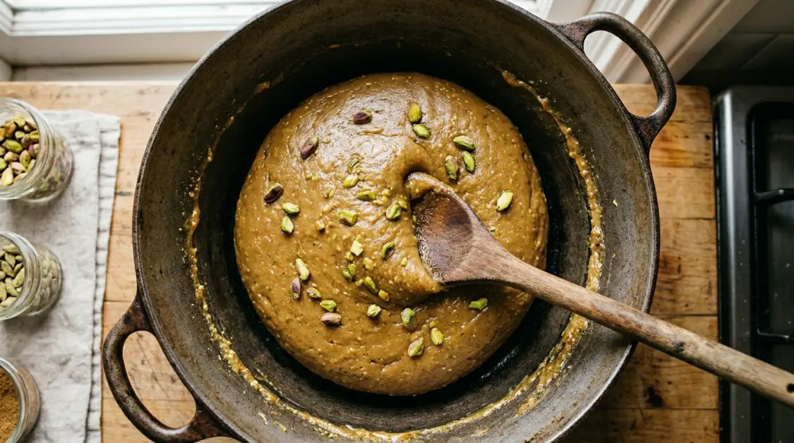 Pistachio halva at pull away stage in pot showing mixture gathering from sides doneness cue