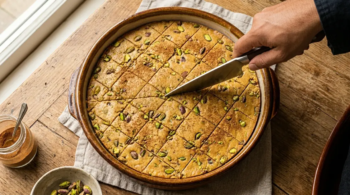 Scoring pistachio halva into diamond shapes while warm in ceramic tapsi with knife