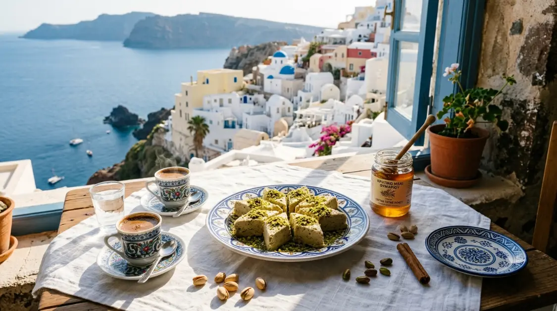 Pistachio halva on Mediterranean table with Greek coffee honey cinnamon stick afternoon setting
