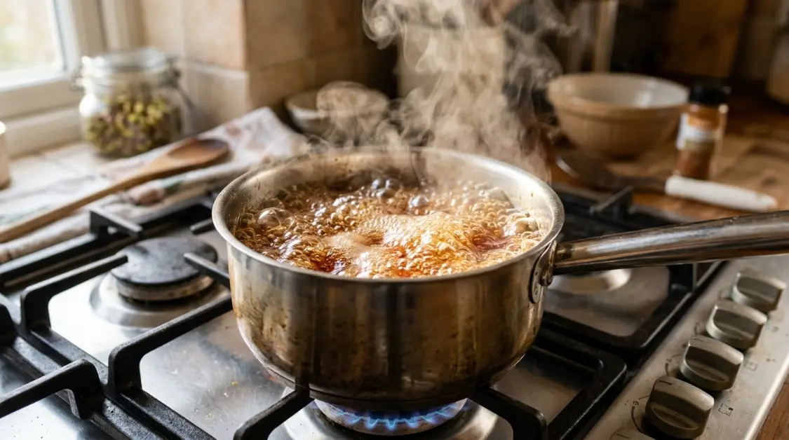 Sugar syrup rolling boil in saucepan for pistachio halva showing cinnamon tinted amber colour
